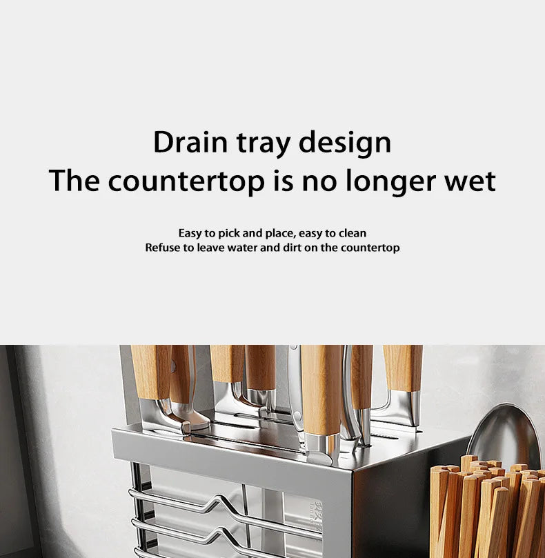Kitchen Knife Holders Storage Rack Household Stainless Stee Countertop Knife Spoon Chopstick Holder With Drain Tray