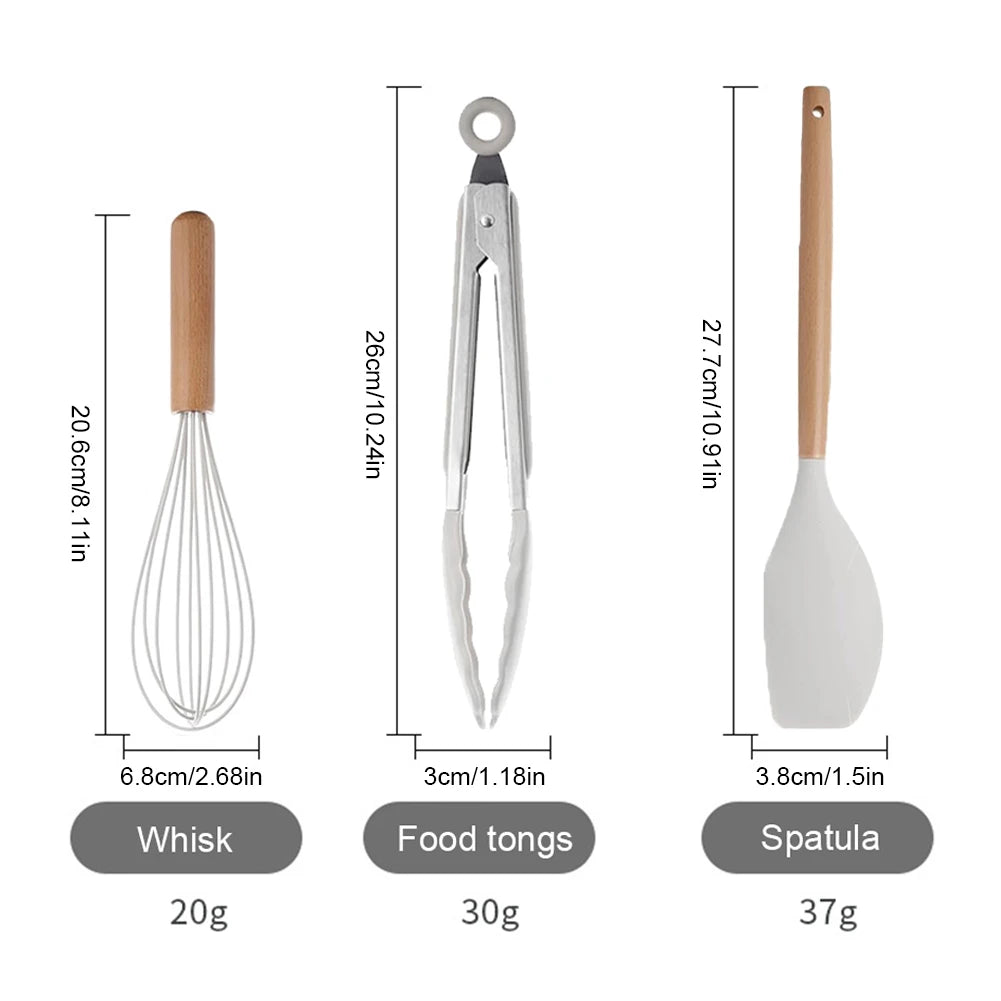 12Pcs Kitchen Utensil Set Silicone Spatula Set Wooden Handle Heat-Resistant Cookware Spatula Spoon Brush Whisk for Home Kitchen