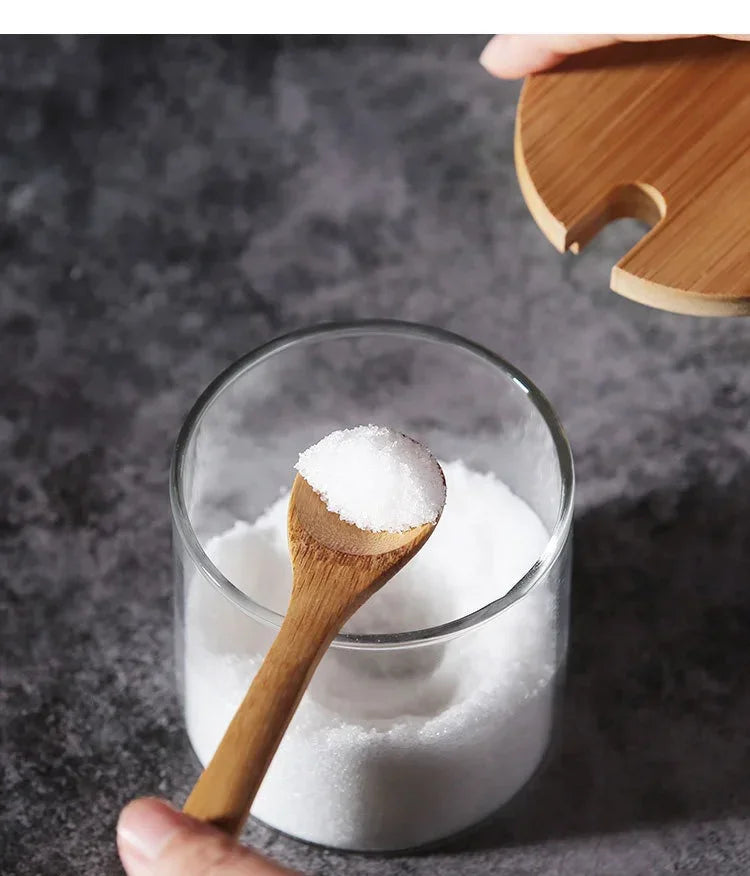 Kitchen Glass Condiment Jar Set Wood Lid with Tray Spoon Clear Seasoning Spice Salt Jar Dust-Proof Coffee Beans Organizer Bottle