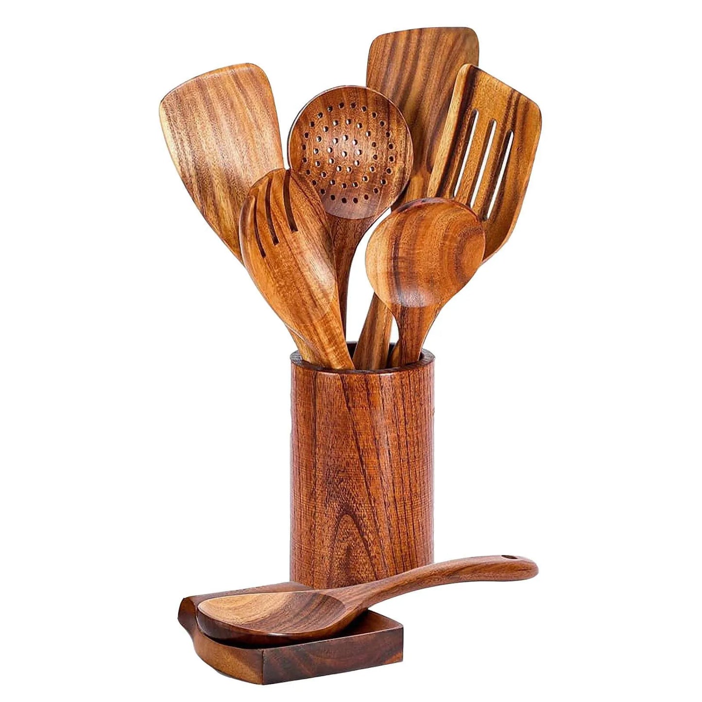 9pcs Natural Wood Kitchenware Set Skimmer Spoons Salad Scoop Kitchen Utensils Non Stick Rice Colander Soup Cooking Tools