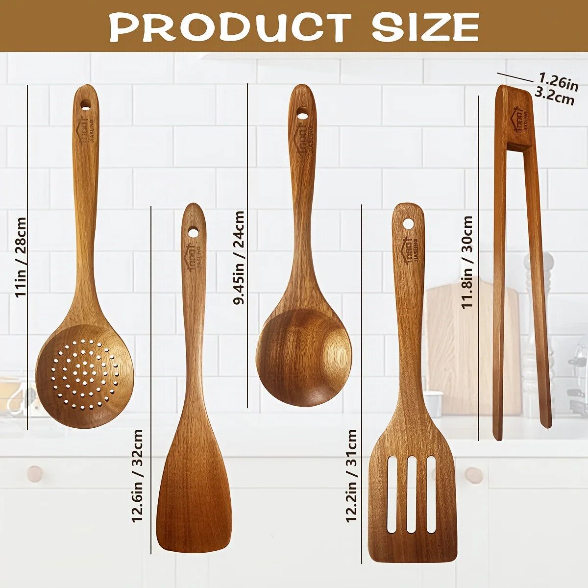 5pcs Premium Wooden Kitchen Utensils Set - Ergonomic Handles, Natural Wooden Spoons, Spurtle, Ladle, And Wok Spatulas