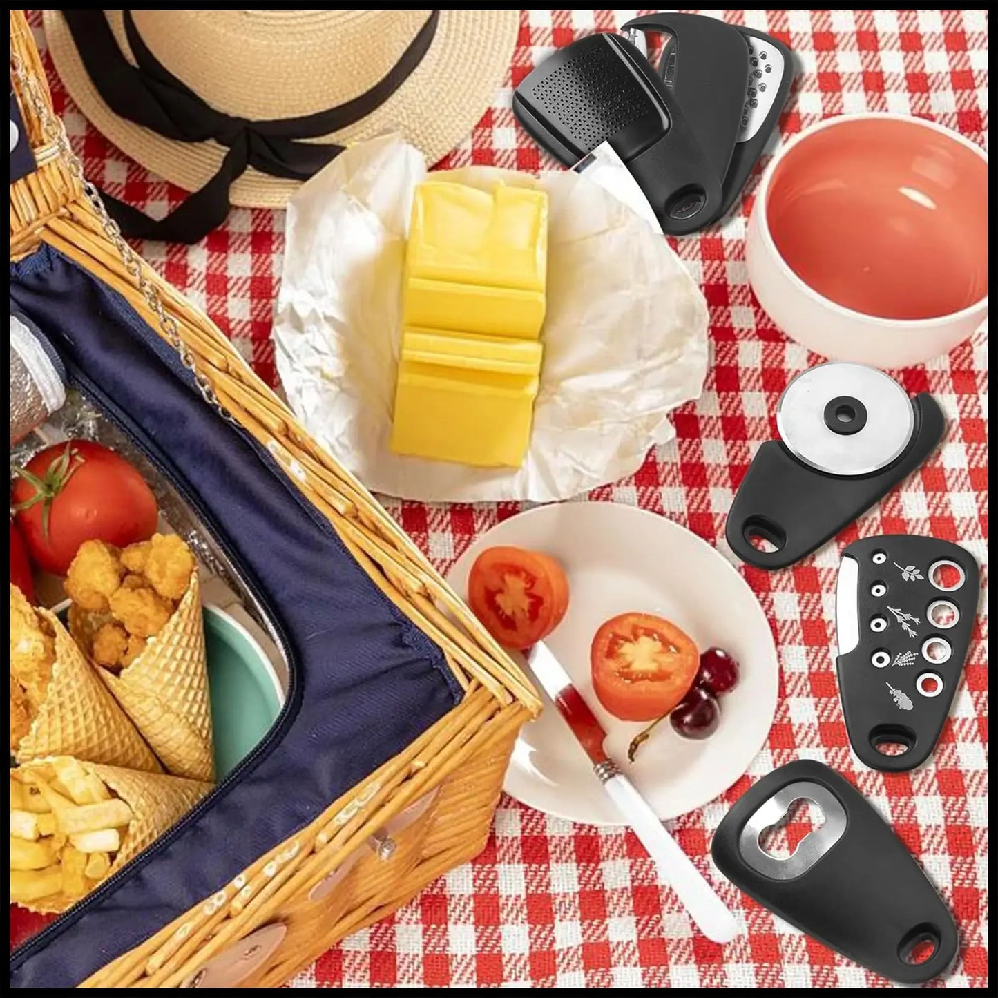 6Pcs Kitchen Gadgets Set Space Saving Cooking Tools Cheese Chocolate Grater, Fruit Vegetable Peeler, Bottle Opener, Pizza Cutter