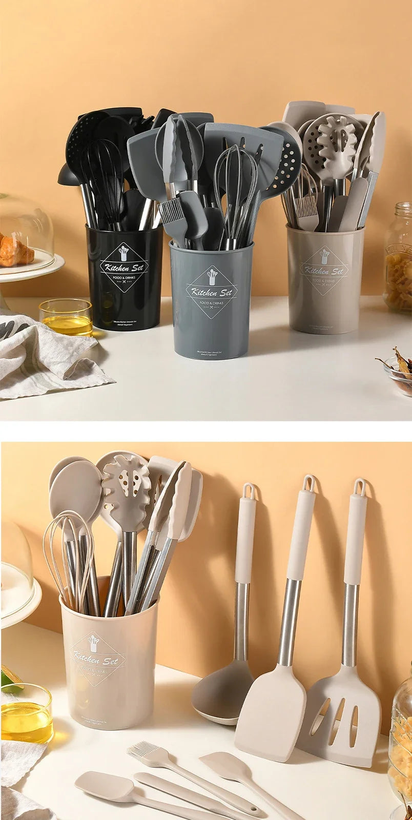 15Pcs Silicone Kitchen Utensils Non-Stick Spatula Shovel Cooking Tool Stainless Sttel Handle Kitchenware Set with Storage Bucket