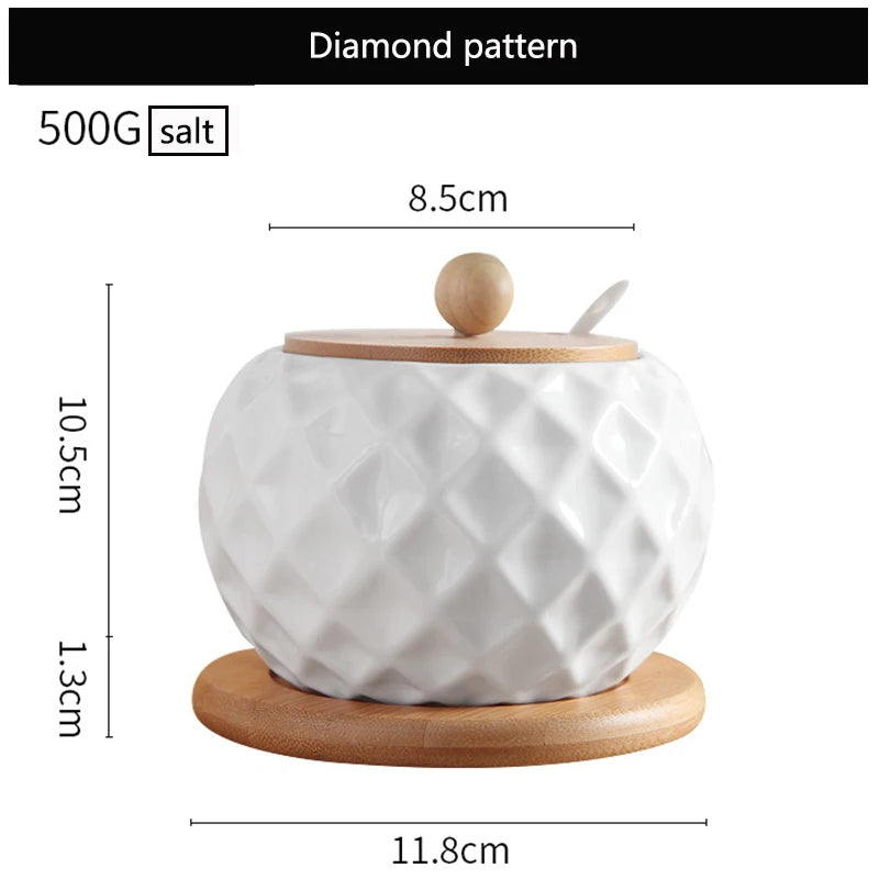 Ceramic Seasoning Jars with Wooden Lid Salt Shakers Kitchen Supplies White Spice Organizer Canister Spoon Set White Sugar Box