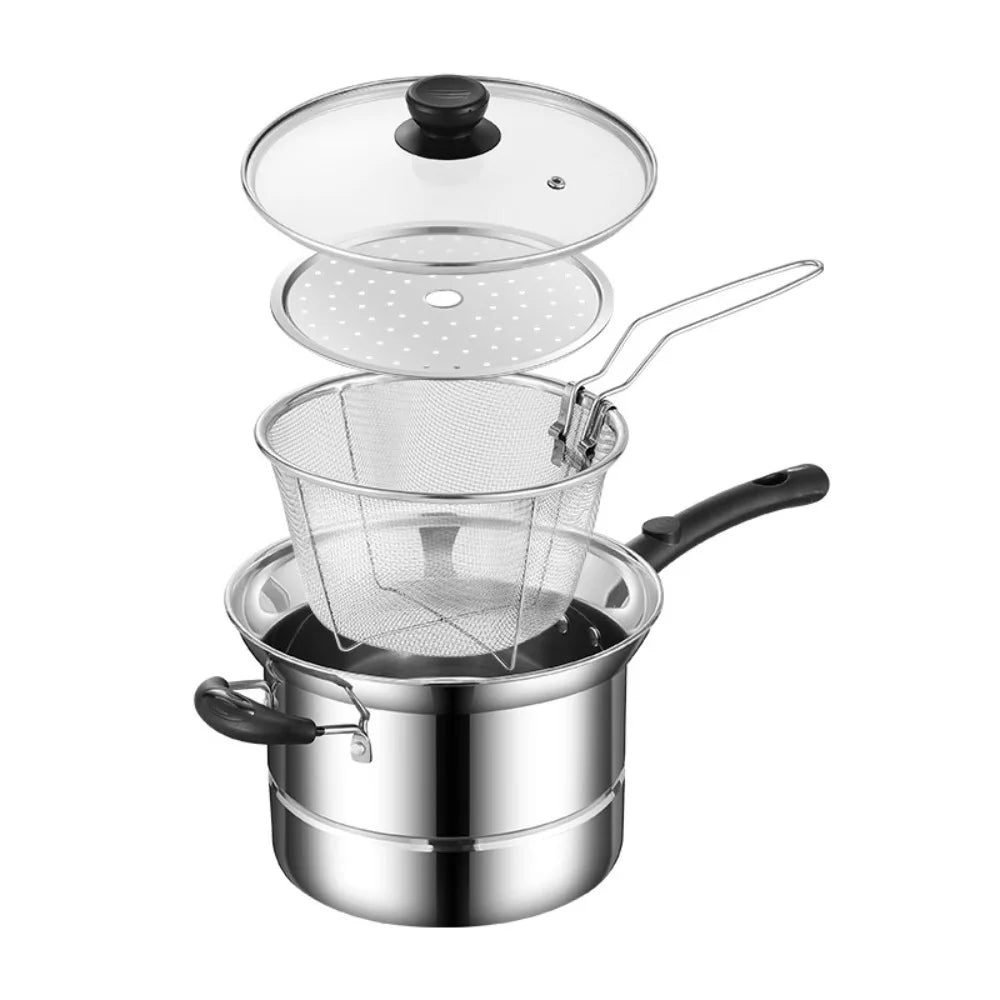 Kitchen Cookware Stainless Steel Deep Fryer Pot with Frying Basket and Steamer Japanese Pasta Pot Visible Lid Stockpot Noodle