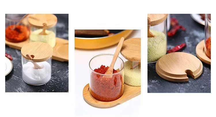 Kitchen Glass Condiment Jars Set Clear Spice Salt Container with Tray Coffee Beans Organizer Bottle Dust-Proof Seasoning Bottle