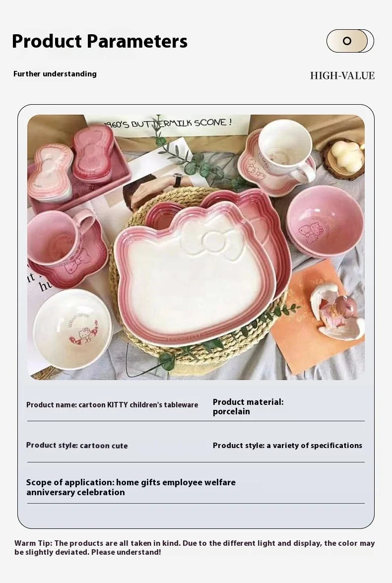 Cartoon Kitty Children Tableware Set Pink Ceramic Dinner Plate Dish Plate Tea Cup Cat Plate Cute Meal Kitchen Home Household
