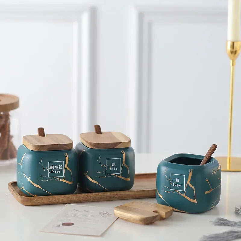 Japanese kitchen matte seasoning jar set, marble ceramic household combination seasoning box, salt and sugar, seasoning bottle.