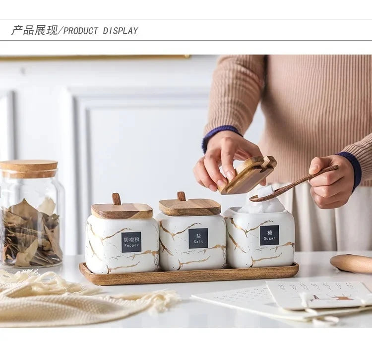 Japanese kitchen matte seasoning jar set, marble ceramic household combination seasoning box, salt and sugar, seasoning bottle.