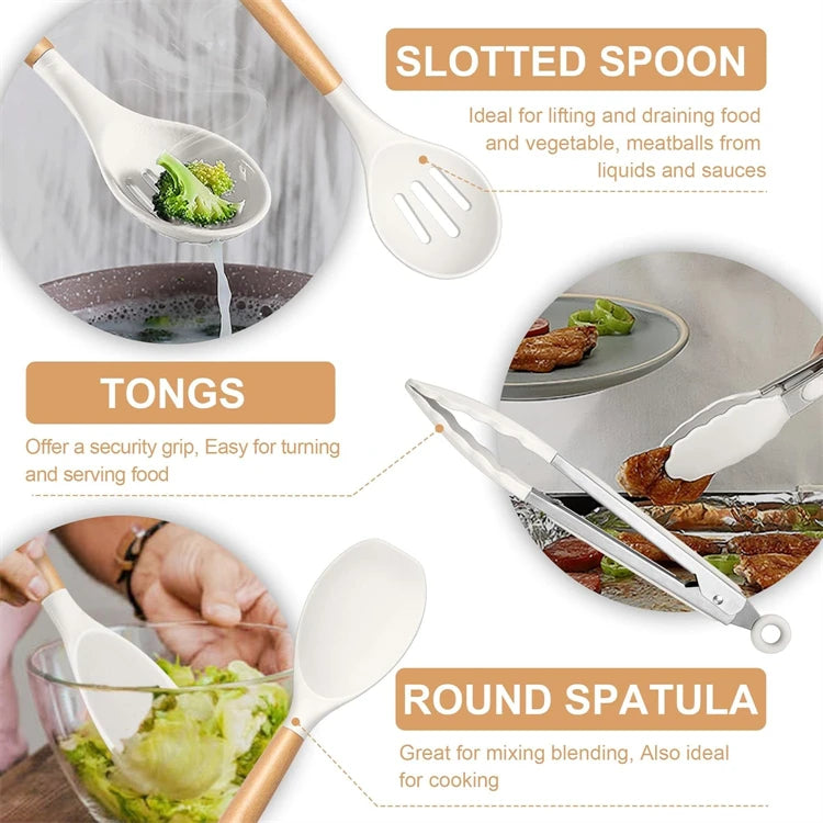 12 Pcs Silicone Kitchen Utensils Set Non Stick Silicone Cooking Utensil Set Heat Resistant Cookware with Wooden Handle JT558