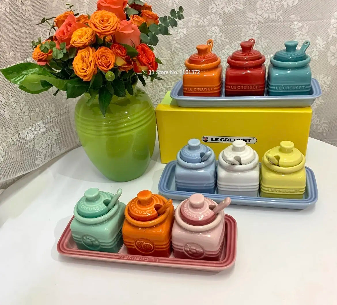 European Style Kitchen Spice Organizer Creative Ceramic Spice Jar with Spoon Gift Box Set Jam Storage Jar with Lid Spice Rack