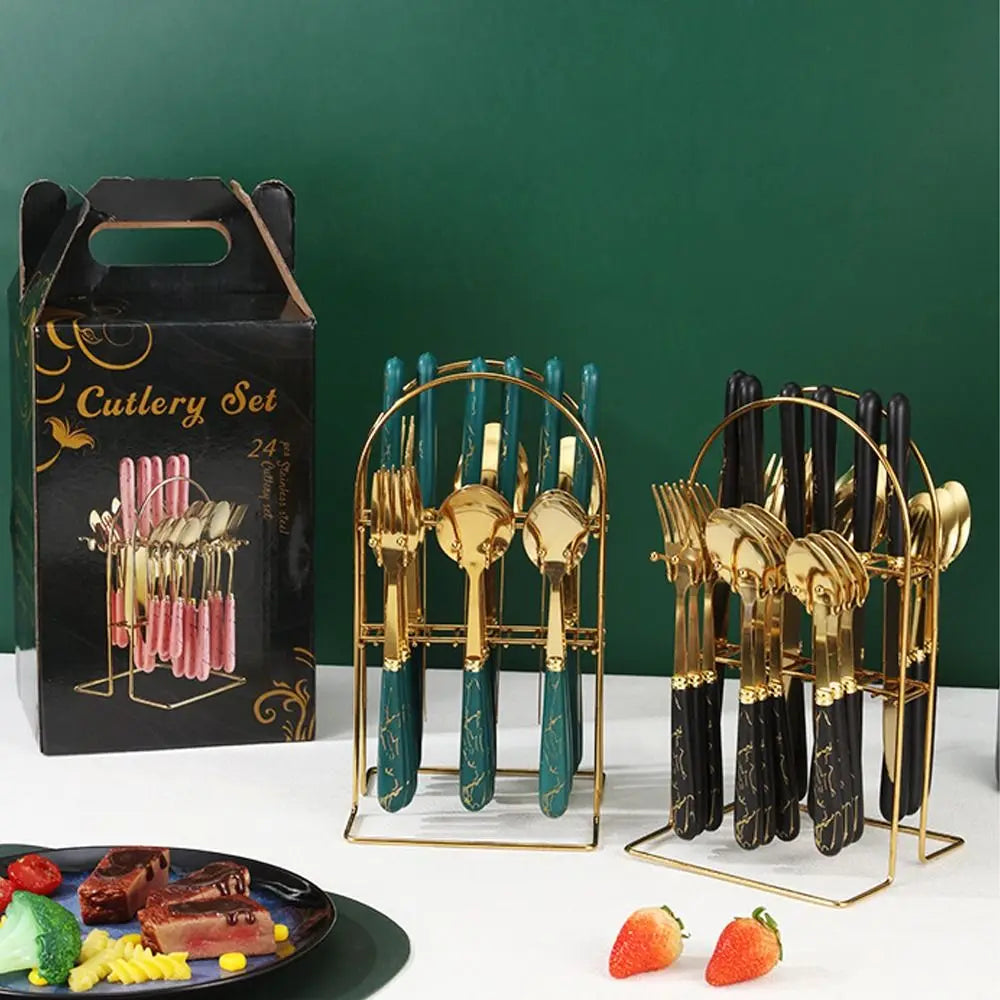 Fashion 24pcs Cutlery Set Stainless Steel Metal Gift Tableware Forks Spoons Kits Dinnerware Home School Kitchen