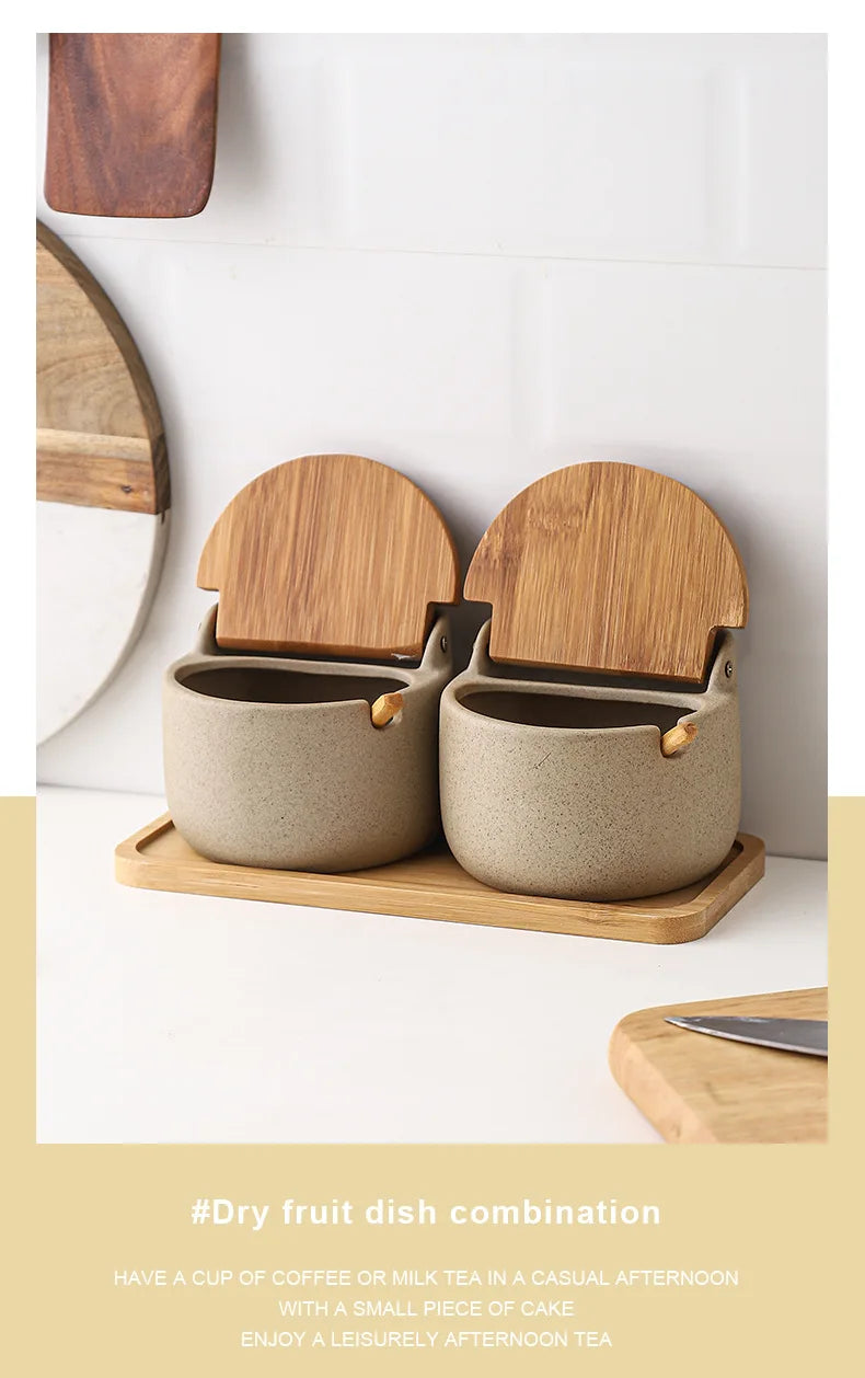 Ceramic Seasoning Jars with Wooden Lid Salt Shakers Kitchen Supplies White Spice Organizer Canister Spoon Set White Sugar Box