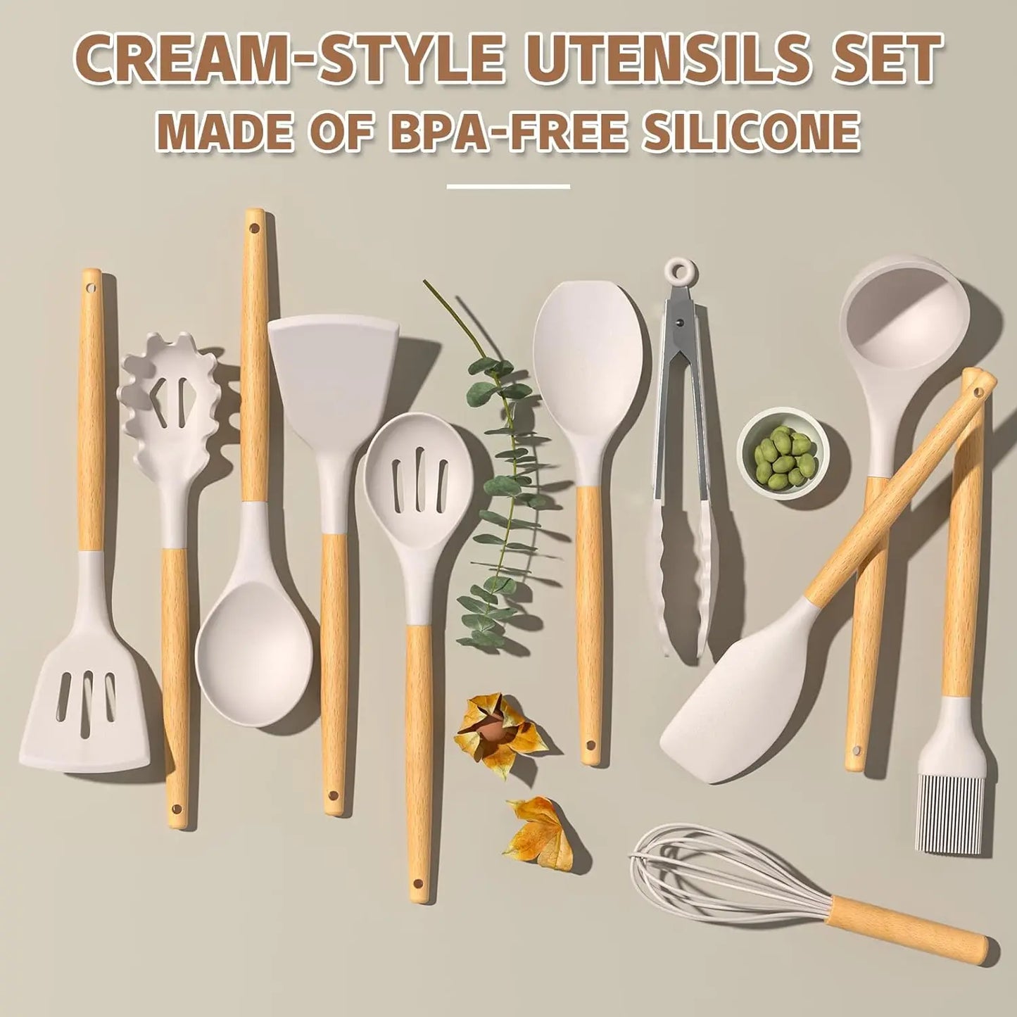 Chef's kitchen cookware set, 33 non-stick silicone kitchenware spatula set with stand, wooden handle silicone kitchenware set