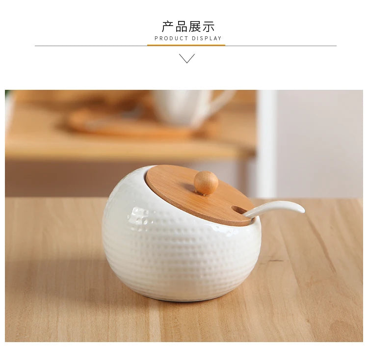 Ceramic Seasoning Jars with Wooden Lid Salt Shakers Kitchen Supplies White Spice Organizer Canister Spoon Set White Sugar Box