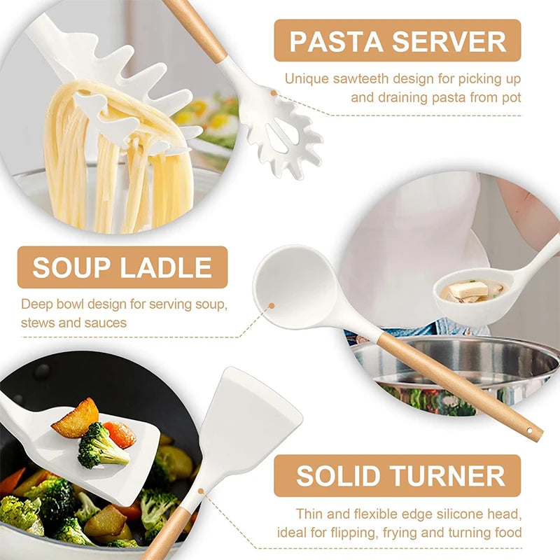 12 Pcs Silicone Kitchen Utensils Set Non Stick Silicone Cooking Utensil Set Heat Resistant Cookware with Wooden Handle JT558