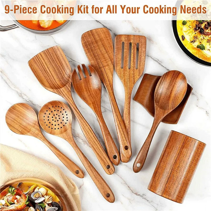 9 PCS Natural Wooden Spoons For Cooking Wooden Utensils For Cooking With Utensil Holder Teak Wooden Kitchen Utensils Setabkw