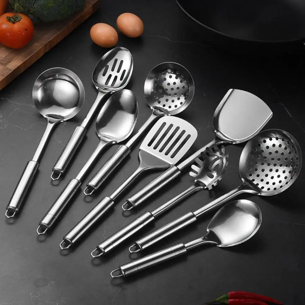 9Pcs Household Stainless Steel Kitchen Cooking Utensils Set Rust-proof Long Handle Cooking Spatula Set Durable Shovel Set Pasta