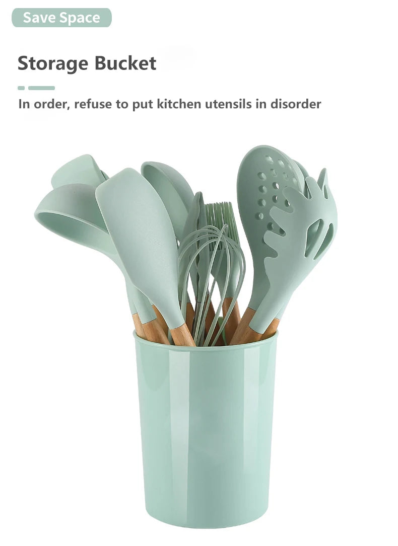 12PCS Silicone Kitchenware Non-Stick Cookware Kitchen Utensils Set Spatula Shovel Egg Beaters Wooden Handle Cooking Tool Set Hot