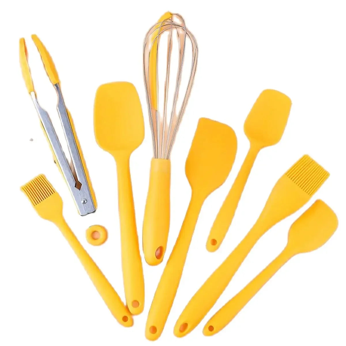 9pcs Silicone baking tool set, scraper oil brush egg whisker food pliers, with storage bucket, kitchen small tools