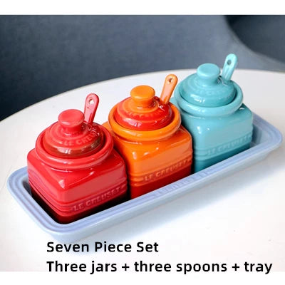 European Style Kitchen Spice Organizer Creative Ceramic Spice Jar with Spoon Gift Box Set Jam Storage Jar with Lid Spice Rack