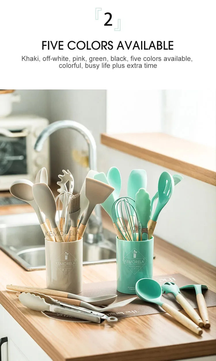 13PCS Silicone Kitchenware Non-Stick Pan Cooking Utensils Set Kitchen Measuring Spoons Utensils Baking Tools With Storage Box