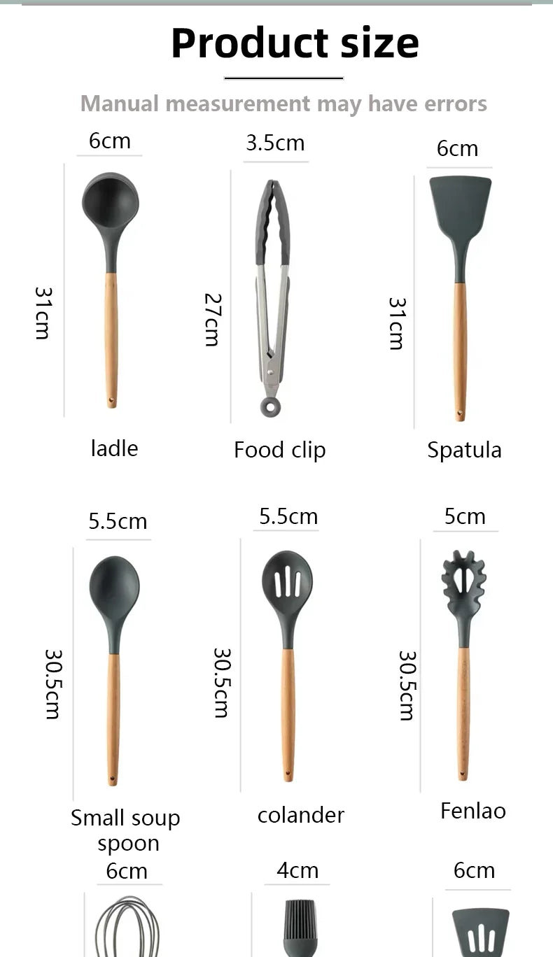 12PCS/Set Premium Quality Silicone Kitchen Utensils Set with Wood Handle and Storage Bucket Kitchen Tools Cooking Accessories
