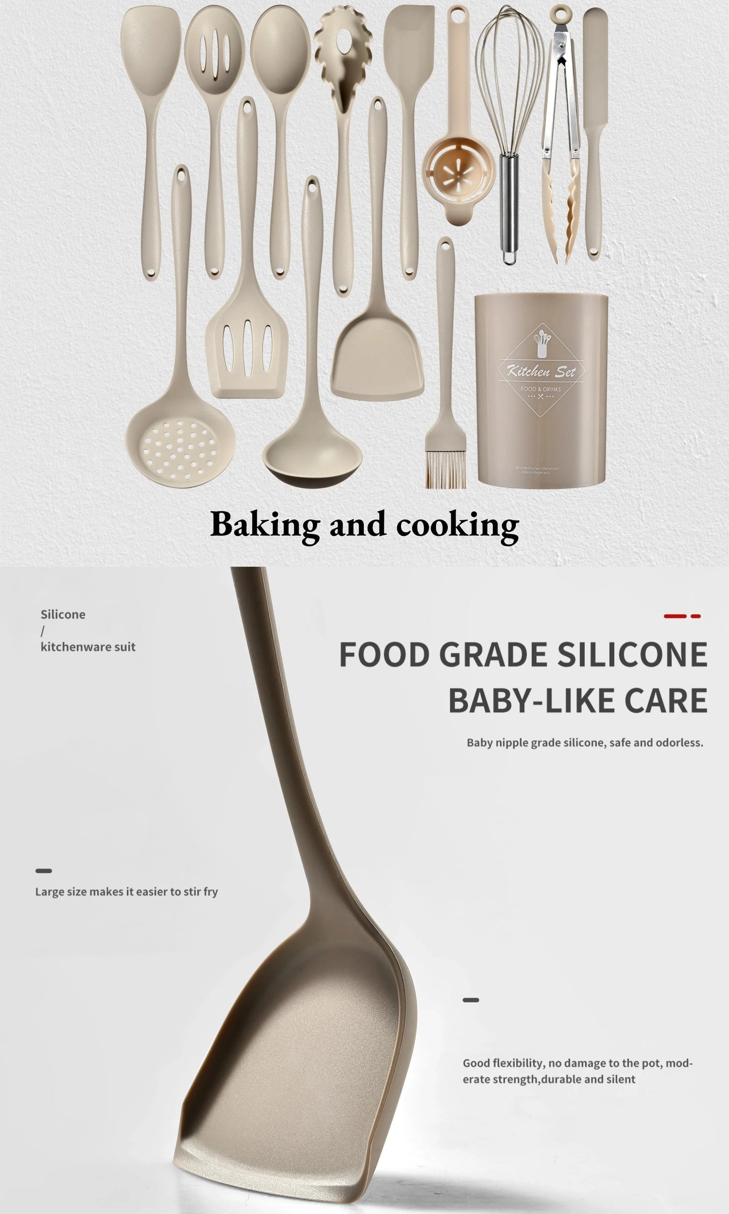 15Pcs Khaki Food Grade Silicone Kitchen Cookware Utensils Turner Spatula Soup Spoon Practical Cooking Tool Kitchenware Set
