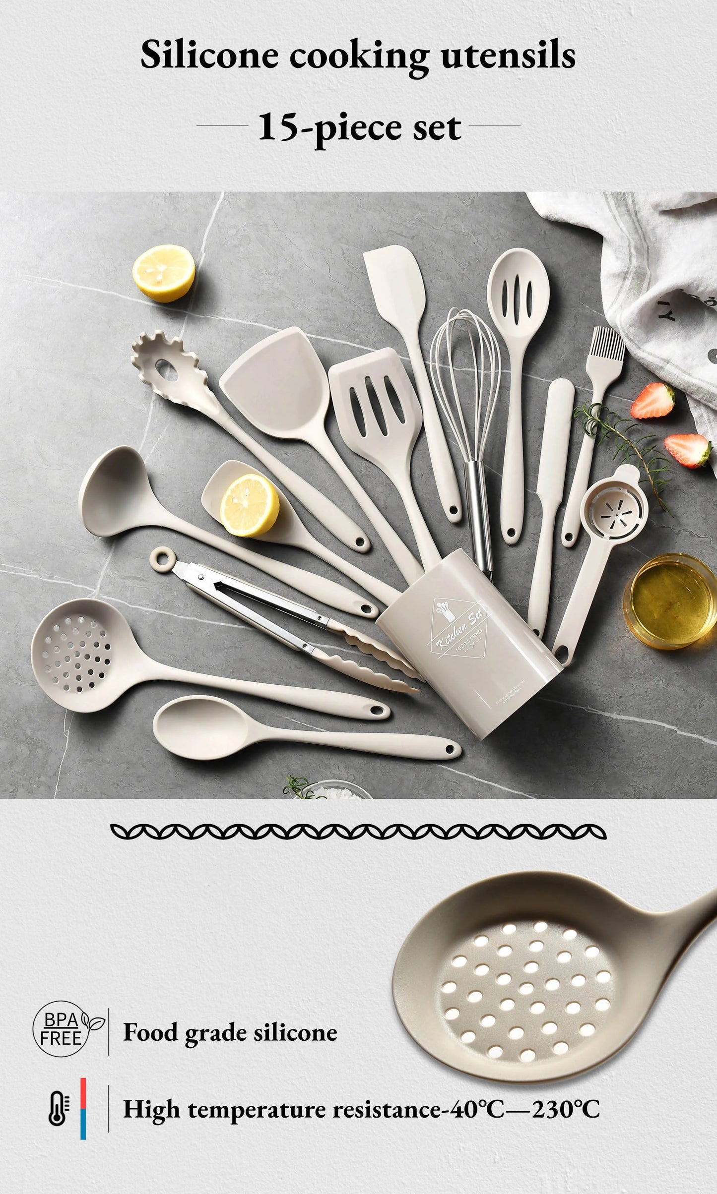 15Pcs Khaki Food Grade Silicone Kitchen Cookware Utensils Turner Spatula Soup Spoon Practical Cooking Tool Kitchenware Set