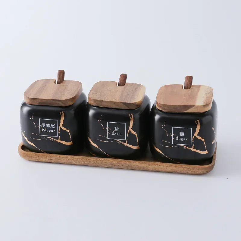 Japanese kitchen matte seasoning jar set, marble ceramic household combination seasoning box, salt and sugar, seasoning bottle.