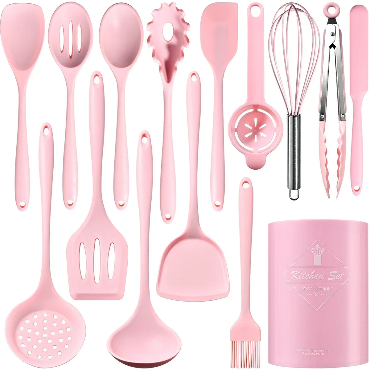 15pcs Pink Silicone Kitchenware with Storage Bucket Spatula Shovel Ladle Cookware Kitchen Utensils Set Non-Stick Cooking Tools