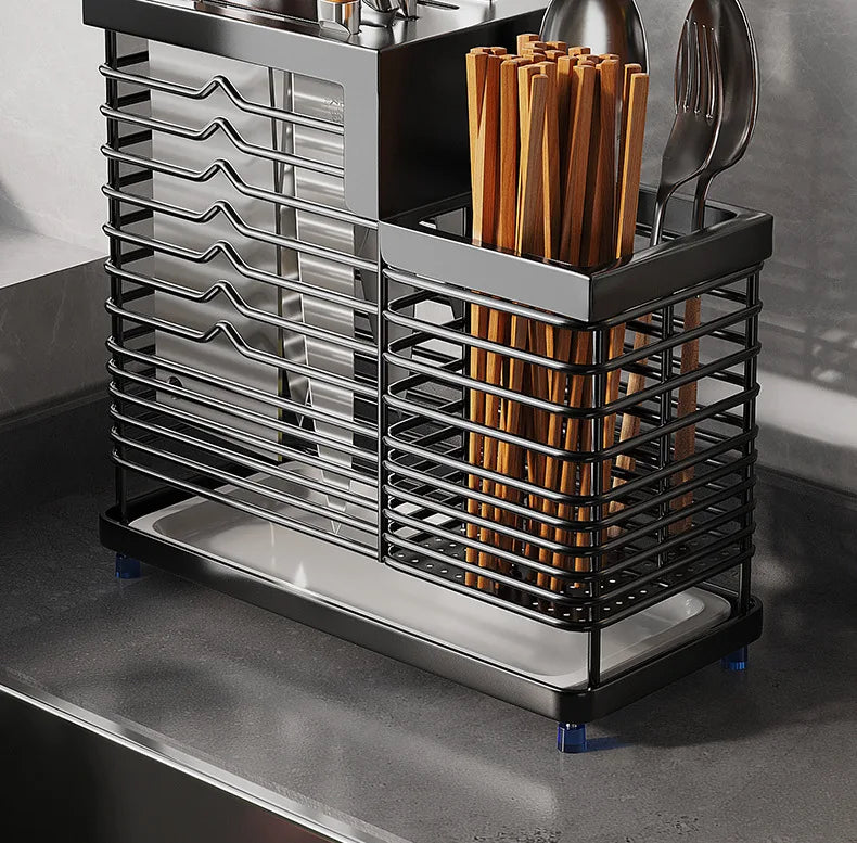 Kitchen Knife Holders Storage Rack Household Stainless Stee Countertop Knife Spoon Chopstick Holder With Drain Tray