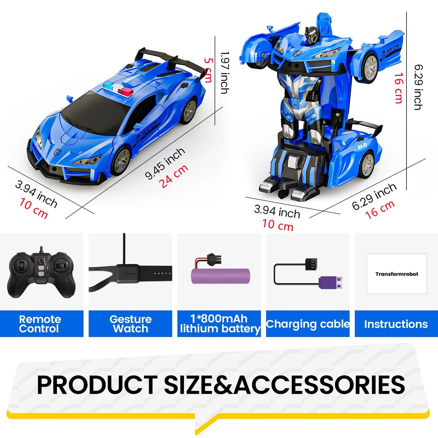 Gesture & Remote Control RC Police Car Toy – 2.4GHz, One-Button Robot Transformer with LED Lights