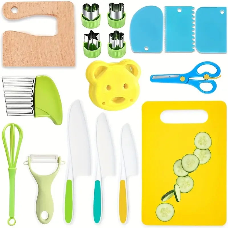 17PCS Kids Cooking Sets Real Cooking Montessori Kitchen Toys for DIY Plastic Kitchen Accessories Tools Toddlers Kids Safe Knives