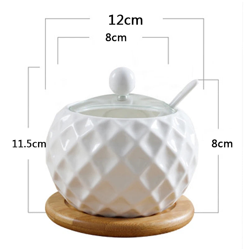 Ceramic Seasoning Jars with Wooden Lid Salt Shakers Kitchen Supplies White Spice Organizer Canister Spoon Set White Sugar Box