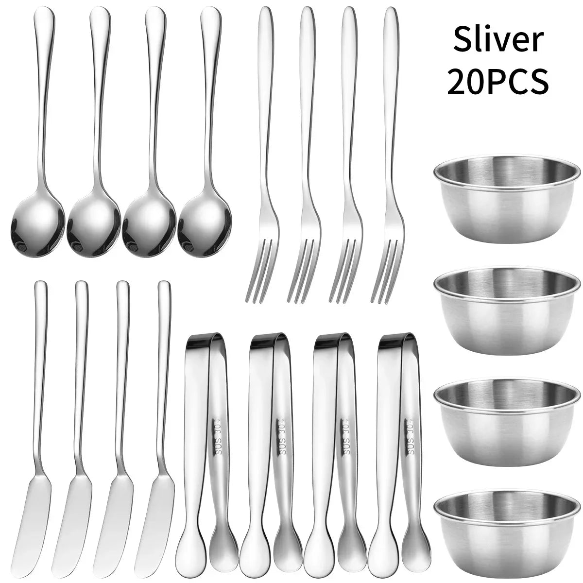 16/20 Pcs Kitchen Cooking Utensils Set Food Tongs Stainless Steel Cheese Butter Knife Soup Spoon Fruit Fork Sauce Bowl Tableware