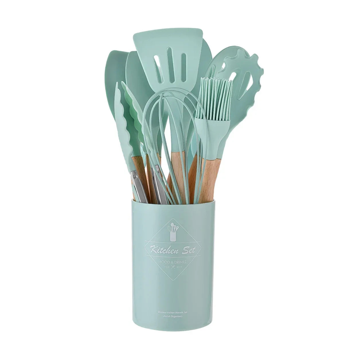 12Pcs/Set Silicone Kitchen Utensils With Storage Wooden Handle Bucket High Temperature Resistant And Non Stick Pot Spatula Spoon