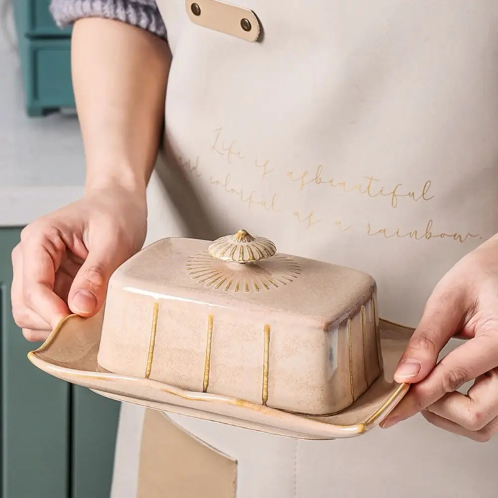 European Kitchen Utensils Ceramic Butter Dish Exquisite Rectangular Dim Sum Dish Household with Cover Storage Tray Hotel