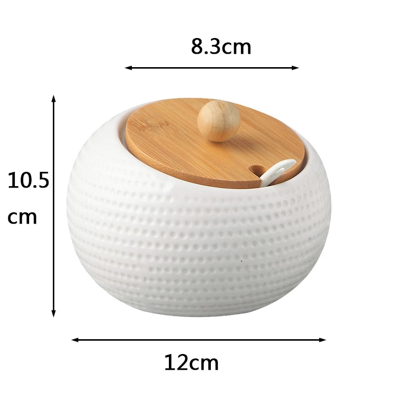 Ceramic Seasoning Jars with Wooden Lid Salt Shakers Kitchen Supplies White Spice Organizer Canister Spoon Set White Sugar Box