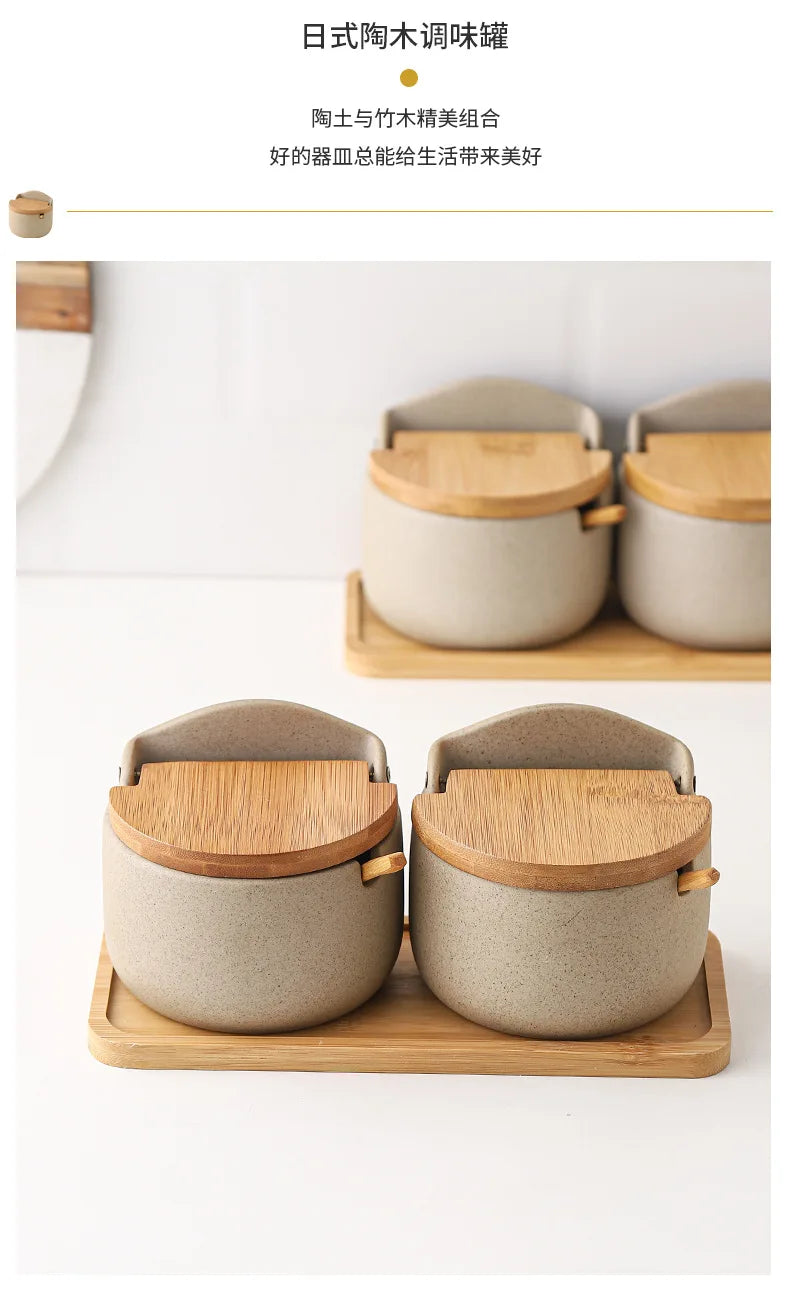 Ceramic Seasoning Jars with Wooden Lid Salt Shakers Kitchen Supplies White Spice Organizer Canister Spoon Set White Sugar Box