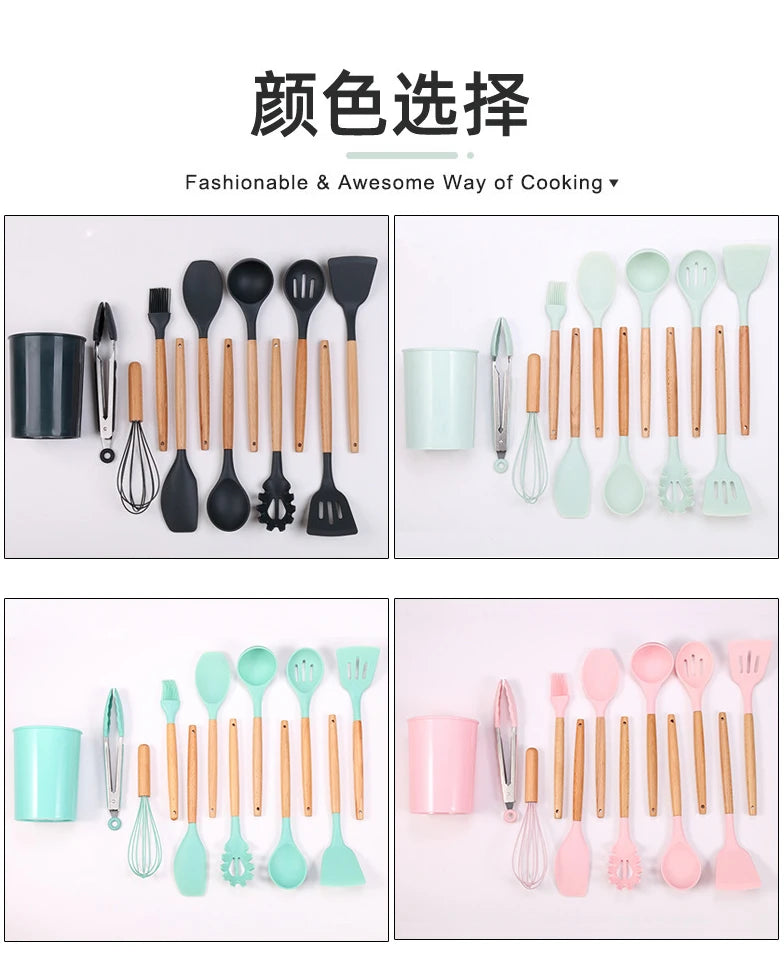 12PCS Silicone Kitchenware Non-Stick Cookware Kitchen Utensils Set Spatula Shovel Egg Beaters Wooden Handle Cooking Tool Set Hot