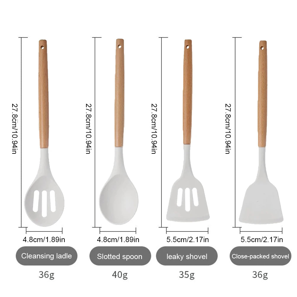 12Pcs Kitchen Utensil Set Silicone Spatula Set Wooden Handle Heat-Resistant Cookware Spatula Spoon Brush Whisk for Home Kitchen