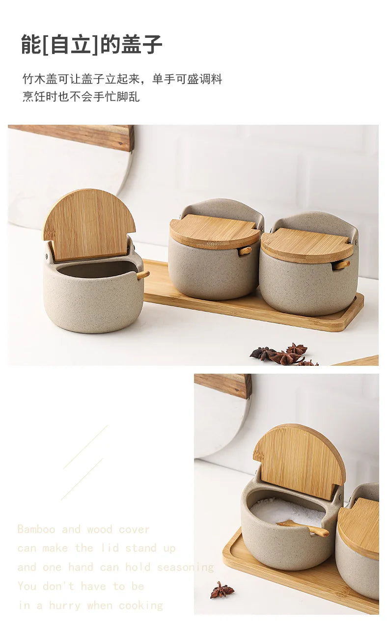 Ceramic Seasoning Jars with Wooden Lid Salt Shakers Kitchen Supplies White Spice Organizer Canister Spoon Set White Sugar Box