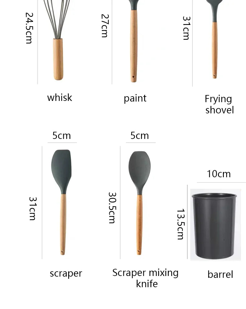12PCS/Set Premium Quality Silicone Kitchen Utensils Set with Wood Handle and Storage Bucket Kitchen Tools Cooking Accessories