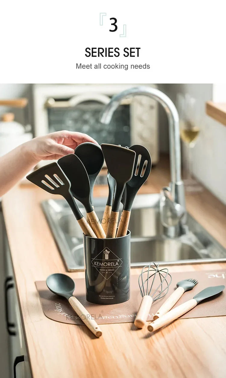 13PCS Silicone Kitchenware Non-Stick Pan Cooking Utensils Set Kitchen Measuring Spoons Utensils Baking Tools With Storage Box