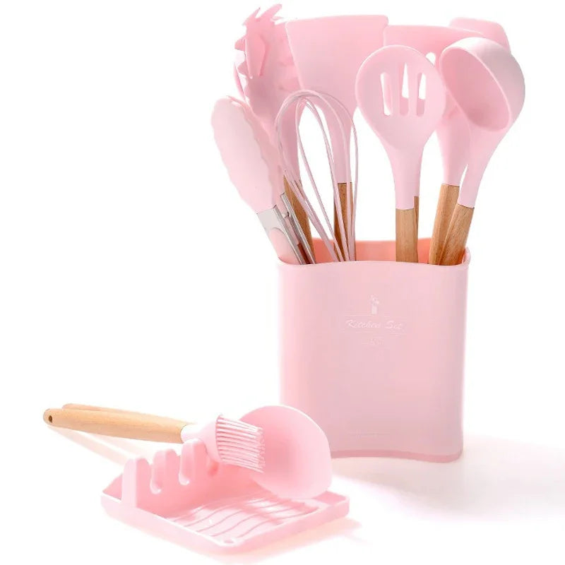 13Pcs Ilicone Kitchen Utensils Spatula Shovel Soup Spoon Cooking Tool with Storage Bucket Non-Stick Wood Handle Kitchen Gadgets