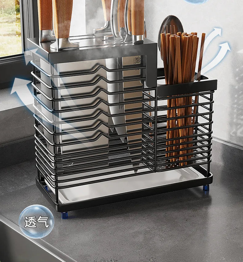 Kitchen Knife Holders Storage Rack Household Stainless Stee Countertop Knife Spoon Chopstick Holder With Drain Tray