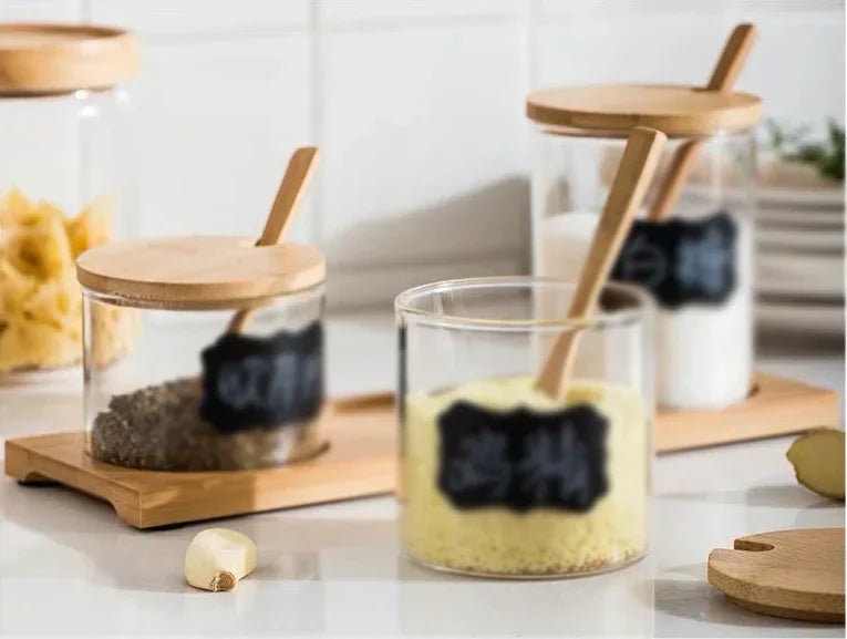 Kitchen Glass Condiment Jars Set Clear Spice Salt Container with Tray Coffee Beans Organizer Bottle Dust-Proof Seasoning Bottle