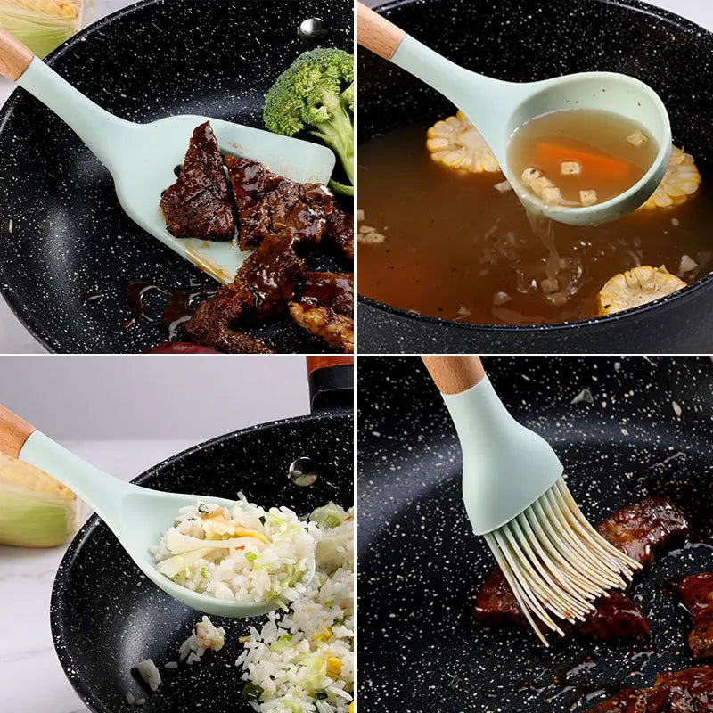 12PCS Silicone Kitchenware Non-Stick Cookware Kitchen Utensils Set Spatula Shovel Egg Beaters Wooden Handle Cooking Tool Set Hot