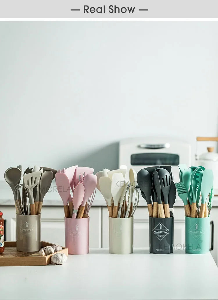 13PCS Silicone Kitchenware Non-Stick Pan Cooking Utensils Set Kitchen Measuring Spoons Utensils Baking Tools With Storage Box
